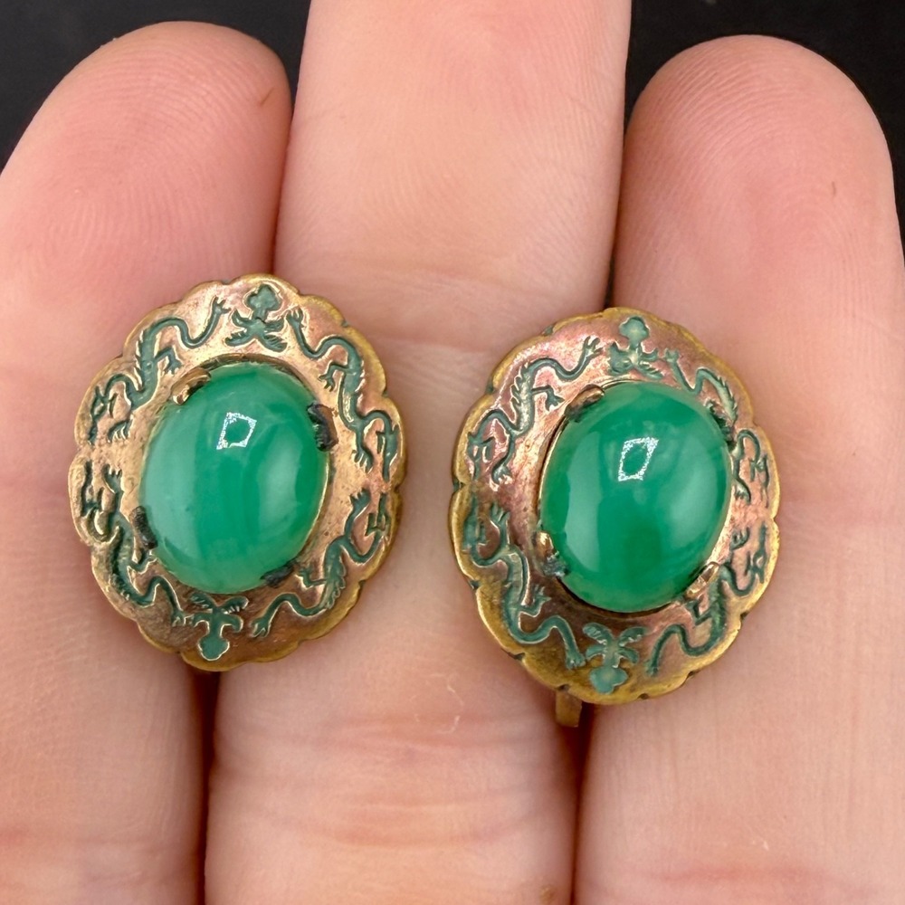 Vintage Estate Earrings Green Polished Stone Screw Back Gold Tone Enamel